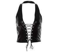 niumanery Women Punk Sleeveless Crop Top Halter Backless Faux Leather Lace-Up Hollow Vest Black S