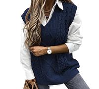Niwicee Damen PulloverÄrmelloser Weste Pullunder V Ausschnitt Pullover Strickweste Winter Herbst Ärmelloser Strickpullover Armellos Oversize Strickpullover Warm-Dunkelblau-M