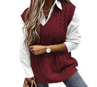 Niwicee Damen PulloverÄrmelloser Weste Pullunder V Ausschnitt Pullover Strickweste Winter Herbst Ärmelloser Strickpullover Armellos Oversize Strickpullover Warm-Rot-S