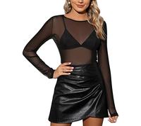 Niwicee Damen T-Shirt Sexy Langarm Transparent Shirt Rundhals Durchsichtige Casual Tops Schwarz Mesh Oberteile Fishnet Sheer Mesh Bluse Tunika Clubwear Party Tops Netzoberteil-A-Runder hals-M