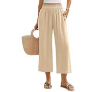 Niwicee Leinenhose Damen Hose Sommer 3/4 Culotte Weite Bein Sommerhose Elastische High Waist Leichte Loose Freizeithose Elegante Lounge Hosen mit Taschen (Khaki, M)