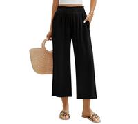Niwicee Leinenhose Damen Hose Sommer 3/4 Culotte Weite Bein Sommerhose Elastische High Waist Leichte Loose Freizeithose Elegante Lounge Hosen mit Taschen (Schwarz, XL)