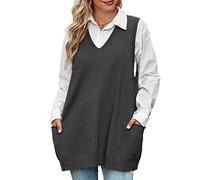 Niwicee Pullunder Damen Ärmellos Strickweste V-Ausschnitt Weste Strick,Winter Herbst Warm Sweater Oversize Strickpullover Gerippter A-Linien-schaukelsaum Einfarbiges Casual-C-Dunkelgrau-S