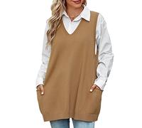 Niwicee Pullunder Damen Ärmellos Strickweste V-Ausschnitt Weste Strick,Winter Herbst Warm Sweater Oversize Strickpullover Gerippter A-Linien-schaukelsaum Einfarbiges Casual-D-Khaki-M