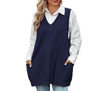 Niwicee Pullunder Damen Ärmellos Strickweste V-Ausschnitt Weste Strick,Winter Herbst Warm Sweater Oversize Strickpullover Gerippter A-Linien-schaukelsaum Einfarbiges Casual-E-Marineblau-S