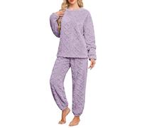Niwicee Schlafanzug Damen Lang Fleece Pyjama Set Winter Hausanzug Kuschelige Warm Flauschig Nachtwäsche Sleepwear Zweiteiliger Oberteile Und Hosen Freizeitanzug mit Taschen (Violett, XXL)