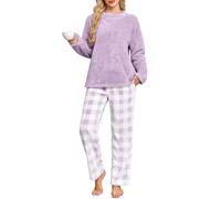 Niwicee Schlafanzug Damen Pyjama Damen Winter Thermo Lang Fleece Weihnachtsschlafanzug Kuschel Warm Pyjama Set Schlafanzug Langarm Hausanzug Flauschig PjS mit Taschen (Lila, L)
