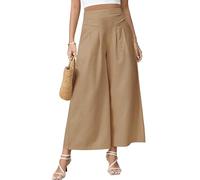 Niwicee Sommerhose Damen Leicht Lässige Palazzo Hose High Waist Freizeithose Baumwolle Leinen Hosen mit Taschen Elastisch Stoffhose S-XL-Khaki-XL