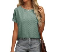 Niwicee Tshirt Damen Sommer Bluse Lochstickerei Top Kurzarm Oberteil Casual Shirts Rundhals Sommerblusen Tunika S-XXL(Grün,S)