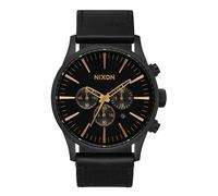 Nixon Herren Armbanduhr Sentry Chrono Leather mit Armband aus Leder 25mm, Wasserdichtigkeit: 10 Bar, Farbe: Mattschwarz/Gold/Schwarz, Gehäusedurchmesser: 42 mm, A1391-3088-00