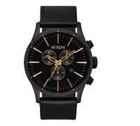 Nixon Sentry Chrono Leather Herren Armbanduhr aus Edelstahl und Leder in der Farbe Schwarz-Gold, 42mm, Wasserdichtigkeit: 10Bar, A405-3088-00