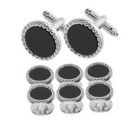 NIYANGLE 8 Stück Teiliges Schwarzes Kunststoff Manschettenknöpfe und Runde Hemdknöpfe für Herren Klassische Vintage-optik Hochwertige Verarbeitung für Hochzeitsanzüge Smoking und Formelle