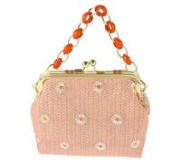 NIYANGLE Bohemia Stil Strohtasche mit Blumenstickerei Rosa Geflochtene Strandtasche mit Passender Kapazität Praktische Schultertasche für Damen Beim Strand und Einkaufen