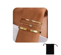NJCXOLA 4 Stück Armband Damen Gold 14 Karat Vergoldet Stapelarmbänder Edelstahl Figaro Perlen Ketten Armbänder Verstellbare Armband Set Wasserdichter Gold Schmuck für Damen