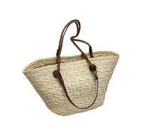 NJIEzhao Geflochtene Strandtasche Sommer Korbgeflecht Korbtaschen Rattan Damen Handtaschen Handgemacht Strand Stroh Einkaufstasche Schulter Khaki(Beige,34x20x13cm)