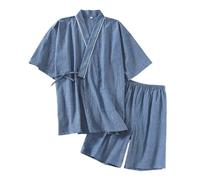 NJIEzhao Kimono-Nachtwäsche-Set für Herren Männer Sommer Baumwolle Pyjama Sets Kurze V-Ausschnitt Kimono Pijamas Dünne Nachtwäsche 2 Stück Set(Blue,L(70-80KG))