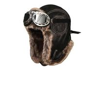NJIEzhao Winter-Pilotenmütze Große PU-Bombermütze for Herren mit Brille, Pilotenflieger, Trapper, Kunstpelz, Leder, Schnee, Skifahren(Black with Glass,XL(60-62cm))