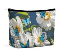 NKJJSTES Kosmetiktasche mit großem Fassungsvermögen, wasserdicht, weiße Blüten, blaue Schmetterlinge, Kosmetik-Accessoires, Organizer für Damen/Mädchen, Weiße Blüten, blaue Schmetterlinge