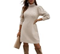 NLAND Damen Strickkleid Rollkragen Langarm Stretch Sexy Minikleid Sweater Kleider für Herbst Winter Warm Geripptes Bodycon,Beige L