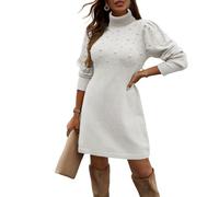 NLAND Damen Strickkleid Rollkragen Langarm Stretch Sexy Minikleid Sweater Kleider für Herbst Winter Warm Geripptes Bodycon,Weiß M