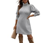 NLAND Damen Strickkleid Rollkragen Langarm Stretch Sexy Minikleid Sweater Kleider für Herbst Winter Warm Geripptes Bodycon,Hellgrau S