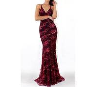 NLAVW Damen-Abendkleid, rosa, sexy, tiefer V-Ausschnitt, figurbetont, Mesh-Schlitz, Pailletten, Party, Abschlussball, formelle Kleider, reife Kleider,Rot,S