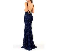 NLAVW Damen-Abendkleid, rosa, sexy, tiefer V-Ausschnitt, figurbetont, Mesh-Schlitz, Pailletten, Party, Abschlussball, formelle Kleider, reife Kleider,Blau,L