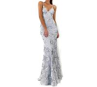 NLAVW Damen-Abendkleid, rosa, sexy, tiefer V-Ausschnitt, figurbetont, Mesh-Schlitz, Pailletten, Party, Abschlussball, formelle Kleider, reife Kleider,Silber,M