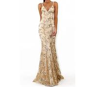 NLAVW Damen-Abendkleid, rosa, sexy, tiefer V-Ausschnitt, figurbetont, Mesh-Schlitz, Pailletten, Party, Abschlussball, formelle Kleider, reife Kleider,Gold,S