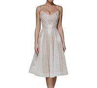 NLAVW Damen-Abschlussballkleid, elegant, ärmellos, Spaghettiträger-Kleid, einfarbig, mit Blumen Bestickt, Knielang, Abendkleid, sexy, schmale Passform,Apricot,M