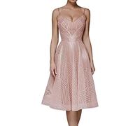 NLAVW Damen-Abschlussballkleid, elegant, ärmellos, Spaghettiträger-Kleid, einfarbig, mit Blumen Bestickt, Knielang, Abendkleid, sexy, schmale Passform,Rosa,S