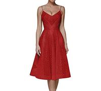 NLAVW Damen-Abschlussballkleid, elegant, ärmellos, Spaghettiträger-Kleid, einfarbig, mit Blumen Bestickt, Knielang, Abendkleid, sexy, schmale Passform,Rot,M