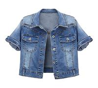 NLAVW Damen Kurzarm Jeansjacke Lässige Jeansjacke Einfarbige Vintage Kurzjacke Oberbekleidung,Blau,L
