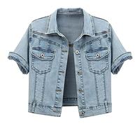 NLAVW Damen Kurzarm Jeansjacke Lässige Jeansjacke Einfarbige Vintage Kurzjacke Oberbekleidung,Grau,XL