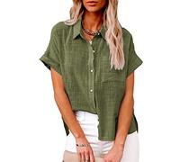 NLAVW Damen Sommer-Jeanshemd mit Knopfleiste, kurzärmelig, Freizeithemd, Oberteil, lockere Passform, Jeansjacke, Bluse, passende Tunika-Bluse,Grün,M