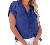 NLAVW Damen Sommer-Jeanshemd mit Knopfleiste, kurzärmelig, Freizeithemd, Oberteil, lockere Passform, Jeansjacke, Bluse, passende Tunika-Bluse,Dark Blue,XXL
