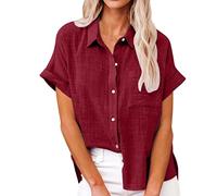 NLAVW Damen Sommer-Jeanshemd mit Knopfleiste, kurzärmelig, Freizeithemd, Oberteil, lockere Passform, Jeansjacke, Bluse, passende Tunika-Bluse,Wine red,M