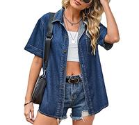 NLAVW Damen Sommer-Jeanshemd mit Knopfleiste, kurzärmelig, Freizeithemd, Oberteil, lockere Passform, Jeansjacke, Bluse, passende Tunika-Bluse,Dark Blue,XL