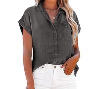 NLAVW Damen Sommer-Jeanshemd mit Knopfleiste, kurzärmelig, Freizeithemd, Oberteil, lockere Passform, Jeansjacke, Bluse, passende Tunika-Bluse