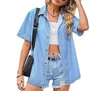 NLAVW Damen Sommer-Jeanshemd mit Knopfleiste, kurzärmelig, Freizeithemd, Oberteil, lockere Passform, Jeansjacke, Bluse, passende Tunika-Bluse,Light Blue,L