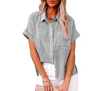 NLAVW Damen Sommer-Jeanshemd mit Knopfleiste, kurzärmelig, Freizeithemd, Oberteil, lockere Passform, Jeansjacke, Bluse, passende Tunika-Bluse,Grau,L