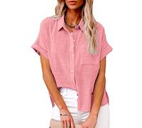 NLAVW Damen Sommer-Jeanshemd mit Knopfleiste, kurzärmelig, Freizeithemd, Oberteil, lockere Passform, Jeansjacke, Bluse, passende Tunika-Bluse,Rosa,L