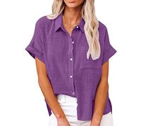 NLAVW Damen Sommer-Jeanshemd mit Knopfleiste, kurzärmelig, Freizeithemd, Oberteil, lockere Passform, Jeansjacke, Bluse, passende Tunika-Bluse,Lila,5XL