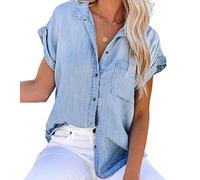 NLAVW Damen Sommer-Jeanshemd mit Knopfleiste, kurzärmelig, Freizeithemd, Oberteil, lockere Passform, Jeansjacke, Bluse, passende Tunika-Bluse,Blau,L