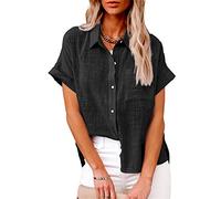 NLAVW Damen Sommer-Jeanshemd mit Knopfleiste, kurzärmelig, Freizeithemd, Oberteil, lockere Passform, Jeansjacke, Bluse, passende Tunika-Bluse,Schwarz,S