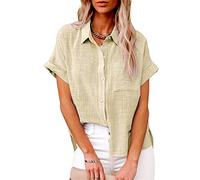 NLAVW Damen Sommer-Jeanshemd mit Knopfleiste, kurzärmelig, Freizeithemd, Oberteil, lockere Passform, Jeansjacke, Bluse, passende Tunika-Bluse,Gelb,5XL