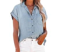NLAVW Damen Sommer-Jeanshemd mit Knopfleiste, kurzärmelig, Freizeithemd, Oberteil, lockere Passform, Jeansjacke, Bluse, passende Tunika-Bluse,Light Blue,L