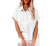 NLAVW Damen Sommer-Jeanshemd mit Knopfleiste, kurzärmelig, Freizeithemd, Oberteil, lockere Passform, Jeansjacke, Bluse, passende Tunika-Bluse,Weiß,XL