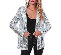 NLAVW Glänzende Pailletten-Anzugjacke für Damen, Strickjacke, Langarm, Bolero, Kurze Oberteile, eleganter Blazer, Glitzer, Party-Outfits, Clubwear,Silber,XL