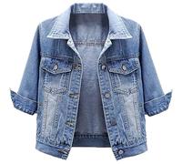 NLAVW Kurzärmlige Kurze Jeansjacke für Damen 3/4-Ärmel zerrissene Jacken Mantel,Blau,S